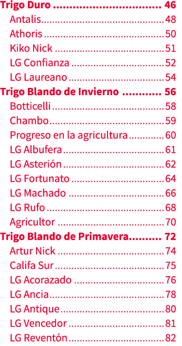 Trigo Duro 46 Antalis 48 Athoris 50 Kiko Nick 51 LG Confianza 52 LG Laureano 54 Trigo Blando de Invierno 56 Botticell...