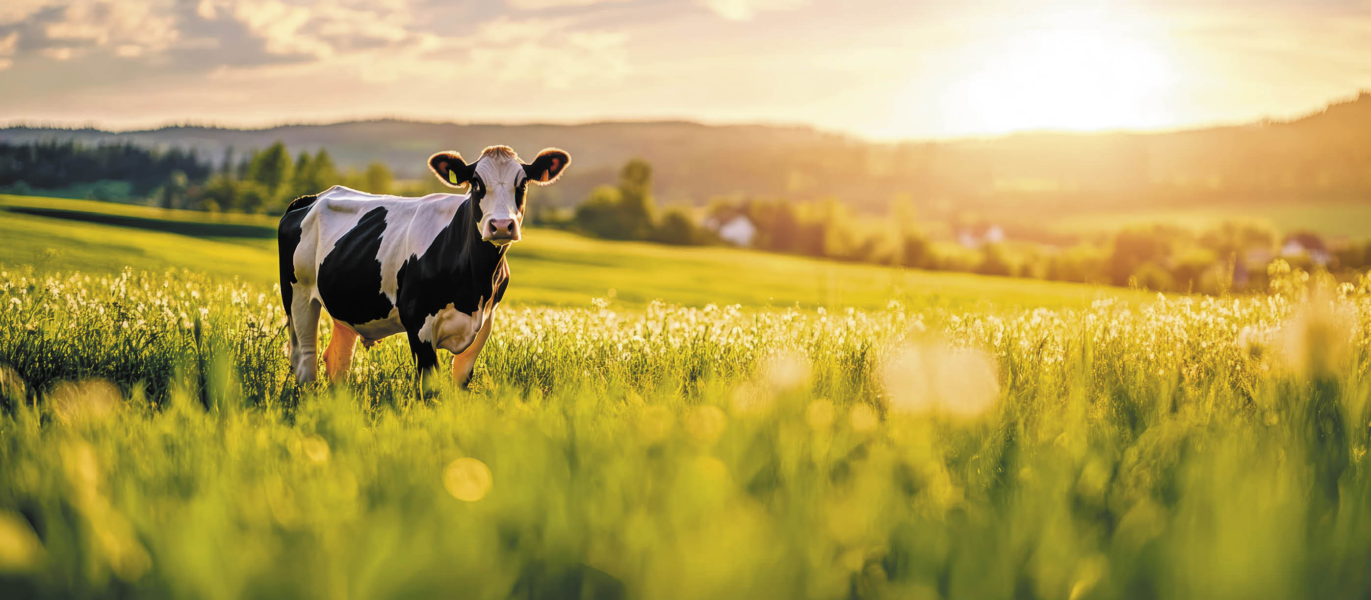 A picturesque scene of a cow grazing in a vibrant green field under a stunning sunset. Nature's beauty on a farm.